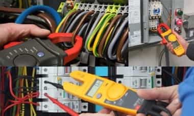 picture of several electrical troubleshooting scenarios with voltage meters and other electricians equipment to detect issues with electrical systems